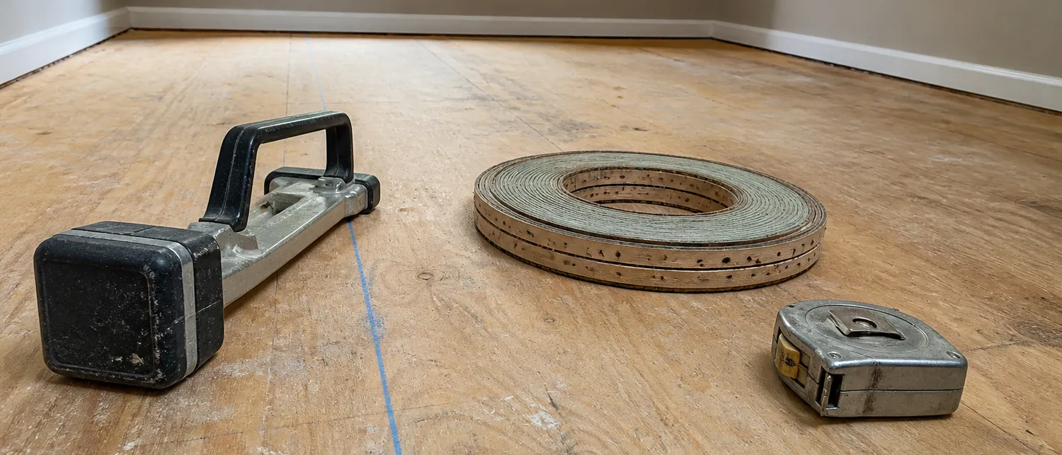 A knee kicker, a coil of tack strip and a tape measure on a bare plywood subfloor in an empty room